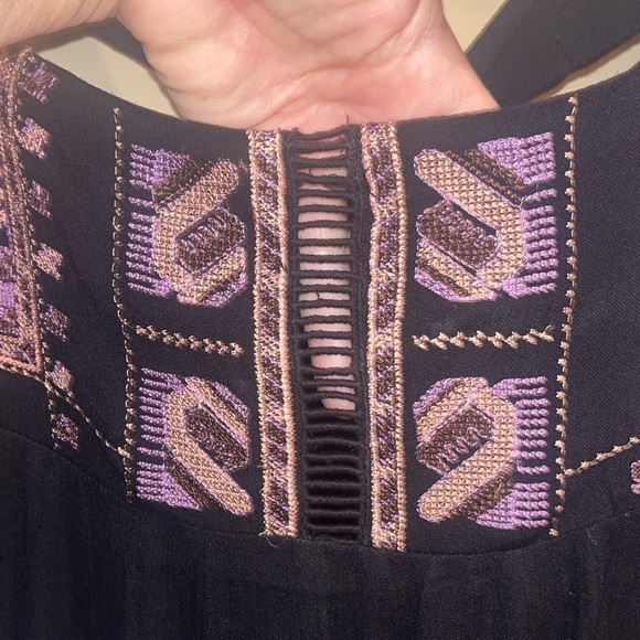Free People black mini dress size XS with back tie and deep V bk w/ embroidery - Picture 5 of 13